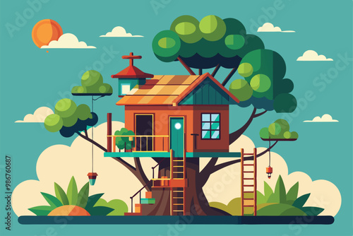 This tree house has a charming design with colorful details and is nestled among vibrant greenery, Customizable flat illustration of a tree house