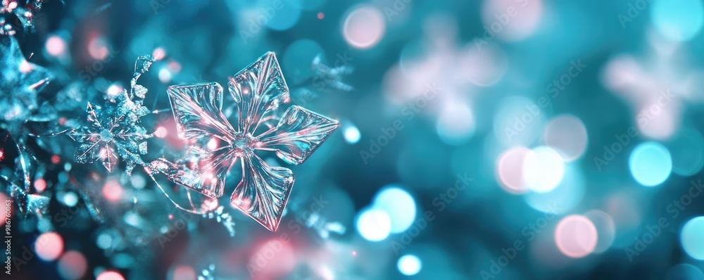 A beautiful close-up of a snowflake ornament surrounded by shimmering blue and pink bokeh lights, capturing a festive winter spirit. A beautiful close-up of a snowflake ornament surrounded by shimmering blue and pink bokeh lights, capturing a festive winter spirit.