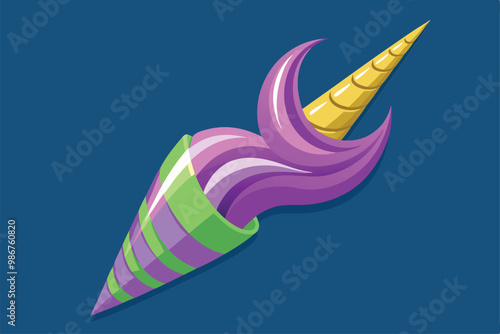 This illustration features a whimsical unicorn horn design with bold colors and a playful style, Customizable flat illustration of a unicorn horn.