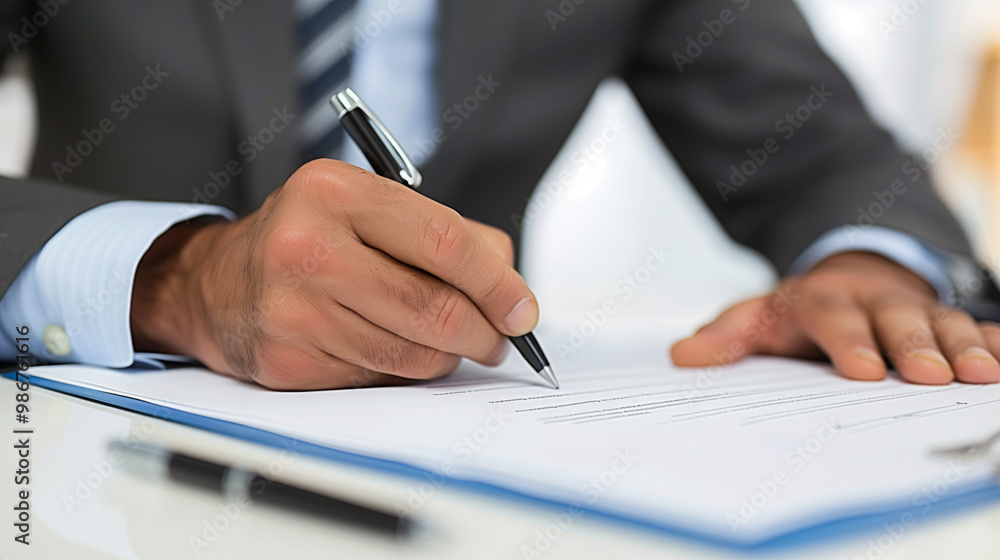 Confident businessman signing a contract, surrounded by financial documents, symbolizing price guarantees and business security. Confident businessman signing a contract, surrounded by financial documents, symbolizing price guarantees and business security.