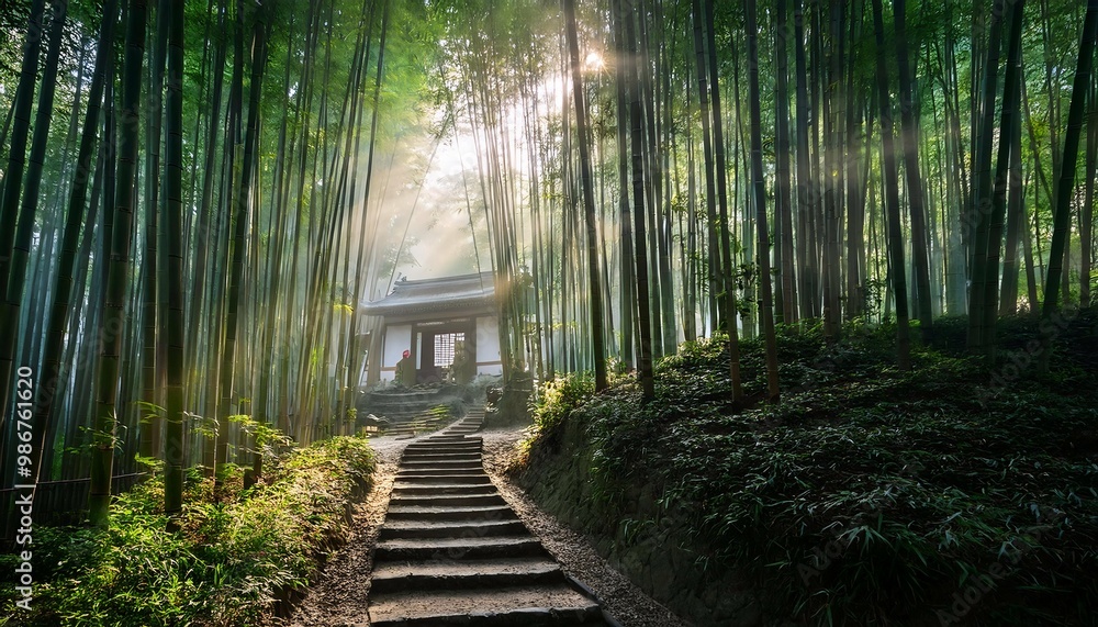 Obraz premium A misty morning in a bamboo forest, sunlight filtering through the leaves, illuminating a winding path leading to a hidden temple.