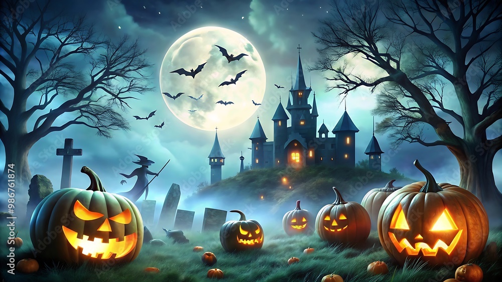 Halloween Night with Jack-O-Lanterns and Haunted Castle. Halloween Night with Jack-O-Lanterns and Haunted Castle.