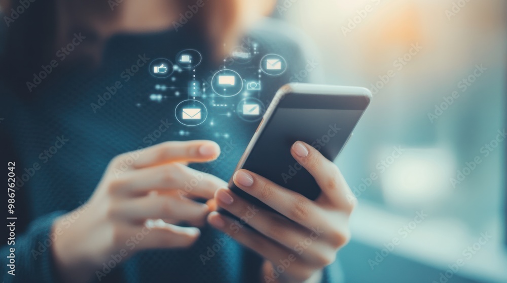 Selective focus on a smartphone messaging app, with the user hands and background softly blurred. Selective focus on a smartphone messaging app, with the user hands and background softly blurred.