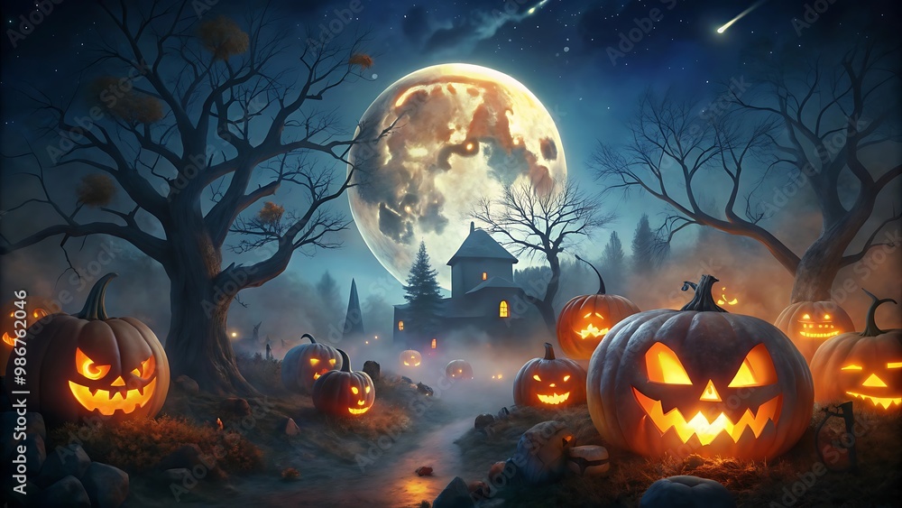 Halloween Jack-o'-Lanterns Under Full Moon. Halloween Jack-o'-Lanterns Under Full Moon.