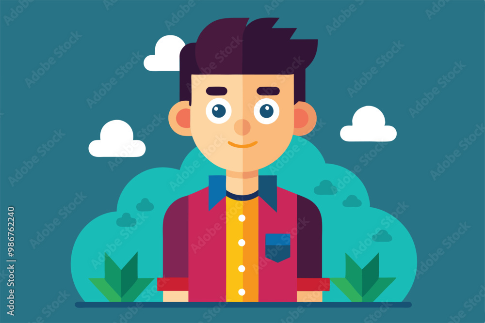 A cheerful, customizable character appears against a backdrop of stylized greenery and clouds, Customizable flat illustration of an imaginary friend. A cheerful, customizable character appears against a backdrop of stylized greenery and clouds, Customizable flat illustration of an imaginary friend.