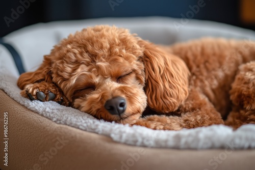 Adorable Fluffy Poodle Sleeping Comfortably on a Soft Bed