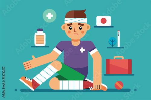 A young athlete sits on the ground with visible injuries, surrounded by treatment supplies and equipment, Customizable flat illustration of an injury.