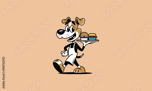 Cheerful dog waiter serving burger and drink.