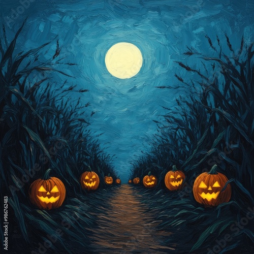 A spooky, nighttime scene featuring glowing jack-o'-lanterns along a dark path, framed by eerie cornfields under a bright full moon. photo