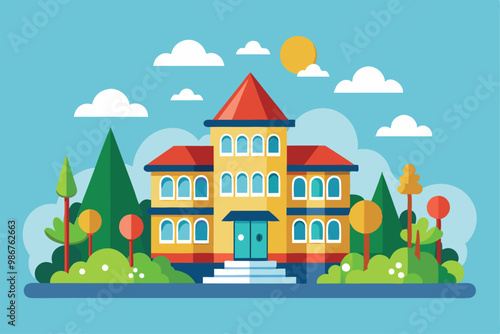 A colorful orphanage stands out with lush greenery and a bright blue sky, creating a welcoming atmosphere, Customizable flat illustration of an orphanage.