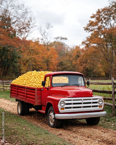 A vintage red truck loaded with yellow produce drives along a gravel path surrounded by autumn trees.