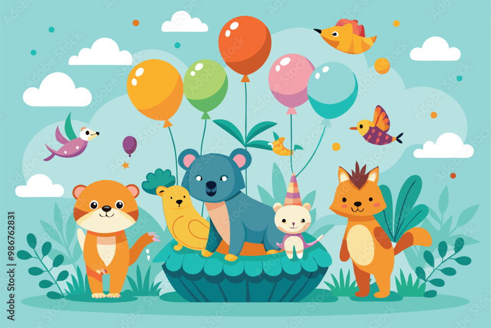Fototapeta premium A cheerful scene of animals joyfully floating with balloons in a vibrant garden atmosphere, Customizable flat illustration of animals floating with balloons.