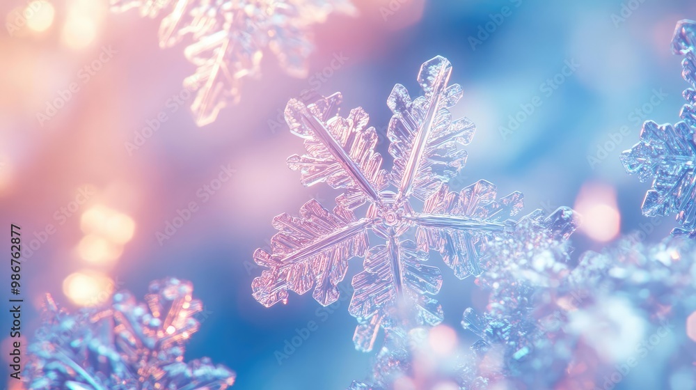 Close-up of delicate snowflakes with a dreamy, colorful background, capturing the beauty of winter's icy creations. Close-up of delicate snowflakes with a dreamy, colorful background, capturing the beauty of winter's icy creations.