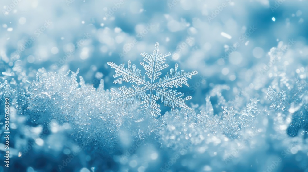 A stunning close-up of a snowflake resting on soft, powdery snow, showcasing intricate details and a serene blue backdrop. A stunning close-up of a snowflake resting on soft, powdery snow, showcasing intricate details and a serene blue backdrop.