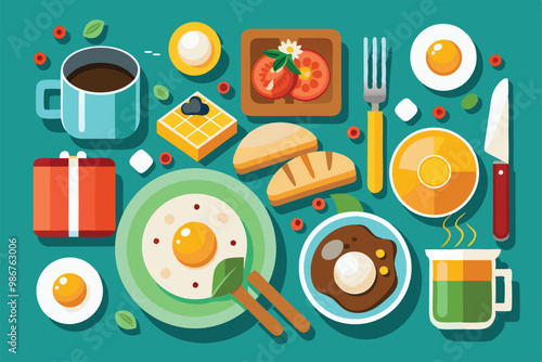 A visually appealing breakfast layout featuring eggs, coffee, and various delicious pastries on a table, Customizable flat illustration of breakfast