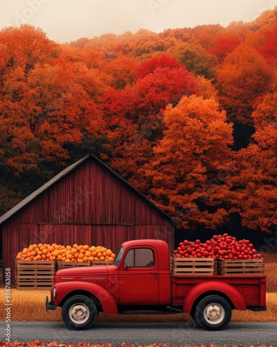 A classic red truck loaded with pumpkins parked beside a rustic barn, surrounded by vibrant autumn foliage in warm hues of orange and red.