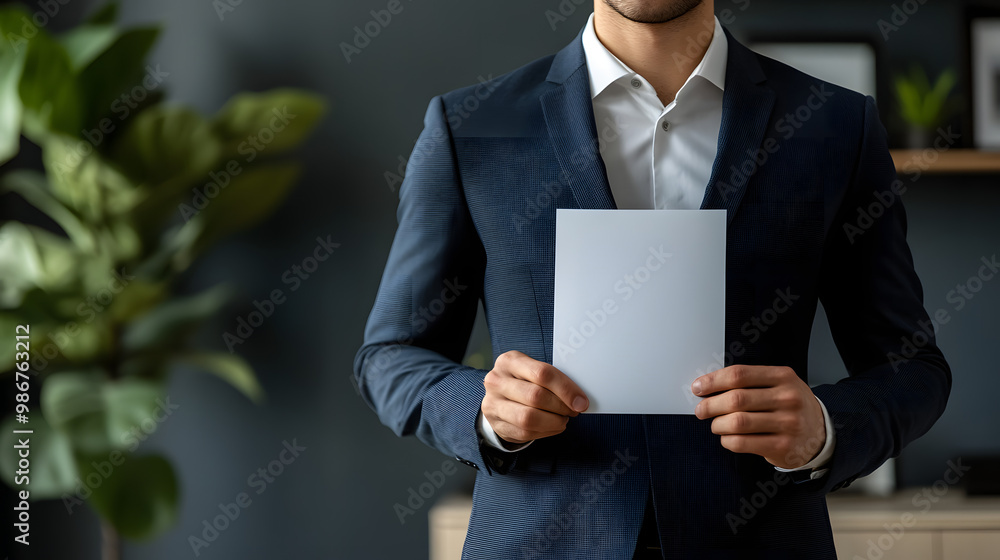 Confident professional in sleek attire, poised with resume, minimalist white backdrop, ideal for career and recruitment concepts Confident professional in sleek attire, poised with resume, minimalist white backdrop, ideal for career and recruitment concepts