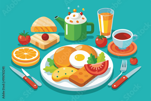 A vibrant array of breakfast items including eggs, toast, fruits, and beverages on a bright background, Customizable flat illustration of breakfast food.