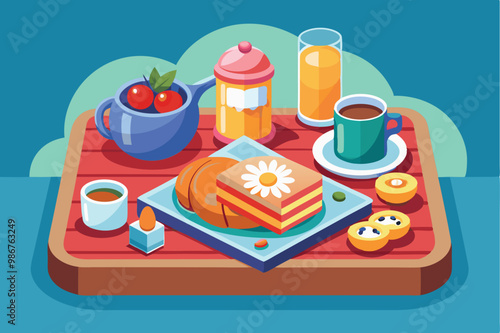 A delightful breakfast spread featuring pastries, fruits, and beverages on a vibrant tray, Customizable flat illustration of breakfast served in bed.