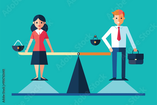 A balanced scale shows a woman on one side and a man on the other, highlighting business inequality issues, Customizable flat illustration of business inequality
