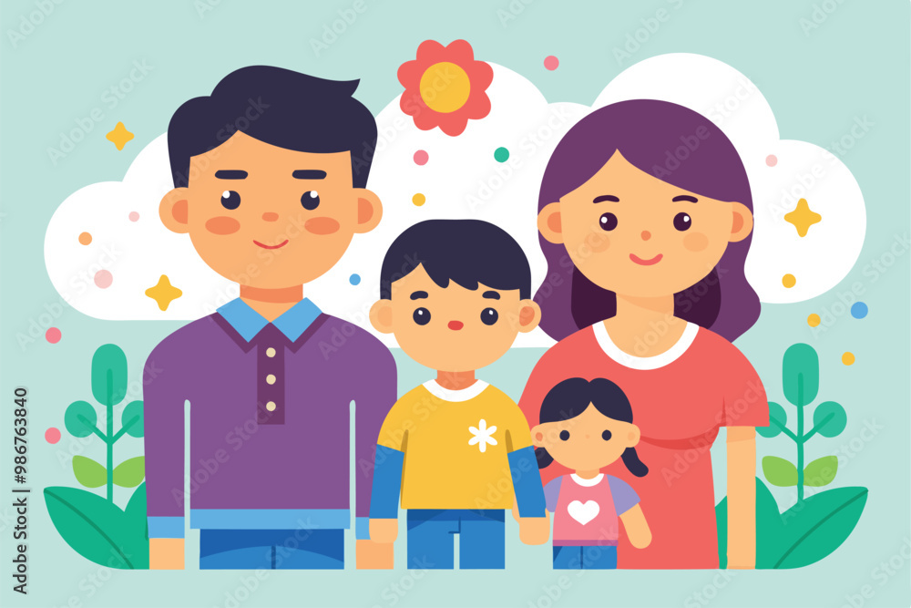 A loving family proudly stands with two kids, celebrating the joy of adoption in a bright setting, Customizable flat illustration of child adoption A loving family proudly stands with two kids, celebrating the joy of adoption in a bright setting, Customizable flat illustration of child adoption