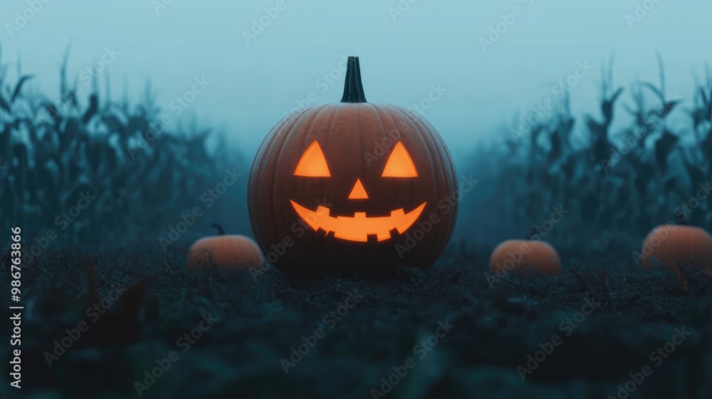Fototapeta premium A glowing jack-o'-lantern sits in a misty field, surrounded by pumpkins, creating a spooky Halloween atmosphere.