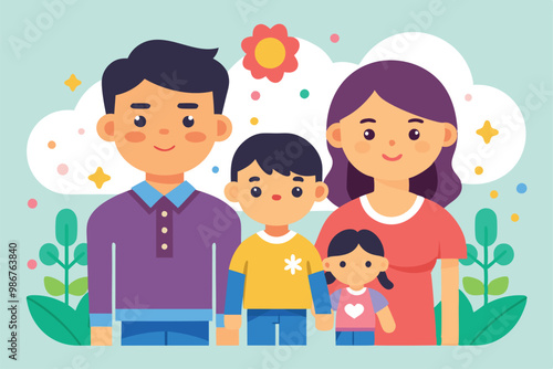 A loving family proudly stands with two kids, celebrating the joy of adoption in a bright setting, Customizable flat illustration of child adoption