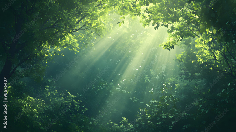 Lush forest greenery gently swaying in a soft breeze, with delicate light rays piercing through the treetops, creating a serene, rhythmic harmony Lush forest greenery gently swaying in a soft breeze, with delicate light rays piercing through the treetops, creating a serene, rhythmic harmony