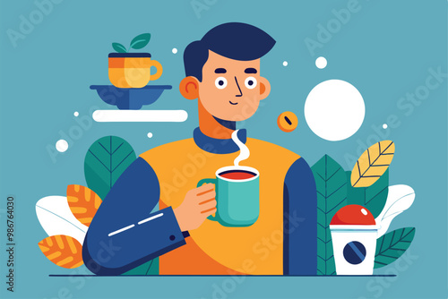 A man savors a steaming cup of coffee surrounded by vibrant plants and stylish decorations, Customizable flat illustration of coffee drinking