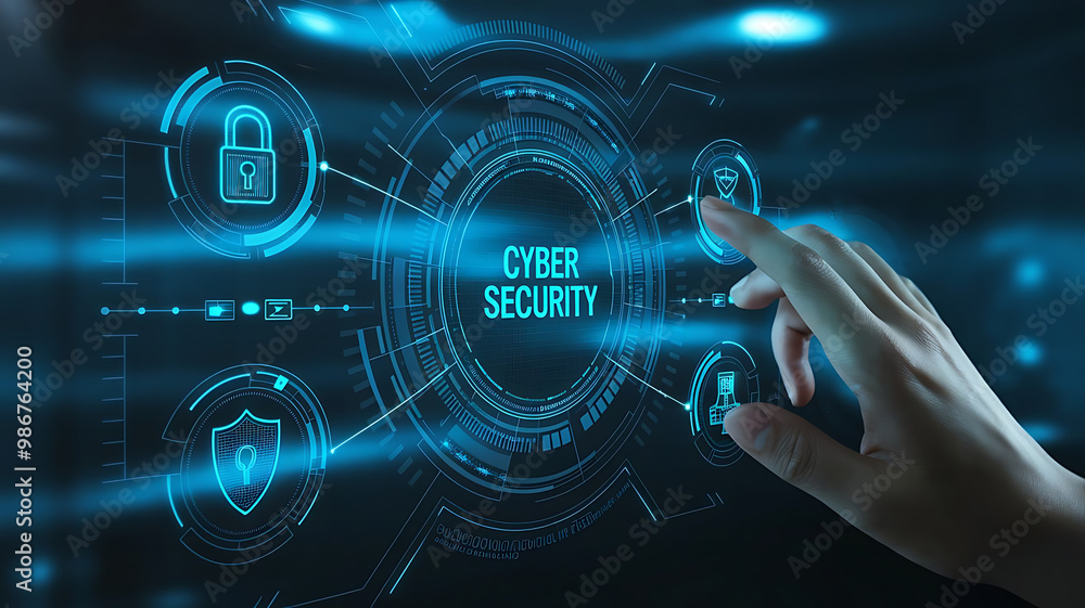 cyber security interface with holographic elements, Cyber threats, cyber attack alert, system security