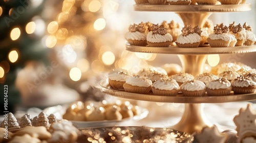 Wallpaper Mural Delicious holiday cupcakes displayed on a tiered stand, featuring festive decorations and warm, inviting lights. Torontodigital.ca