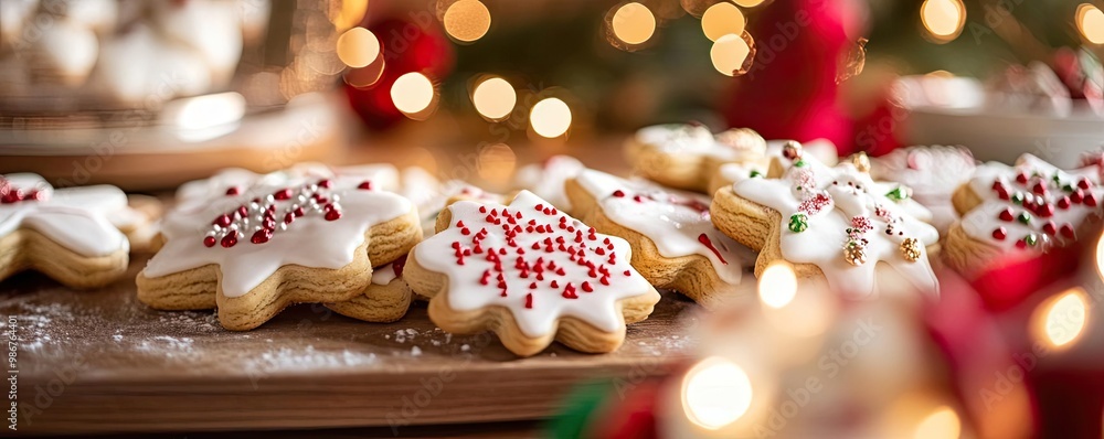 Delicious decorated snowflake cookies on a wooden table, surrounded by warm holiday lights, perfect for festive celebrations. Delicious decorated snowflake cookies on a wooden table, surrounded by warm holiday lights, perfect for festive celebrations.
