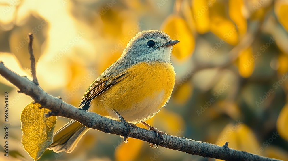 Yellow Bird Perched on a Branch in a Golden Forest Yellow Bird Perched on a Branch in a Golden Forest