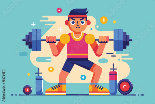 A person is actively engaged in a dumbbell exercise, showcasing strength and fitness in a colorful style, Customizable flat illustration of dumbbell exercise.