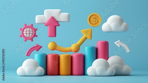 3D Marketing Growth icon set concept.  Profit graph of stock market indicator. Abstract stock data concept. Stock financial statistic graph analysis.