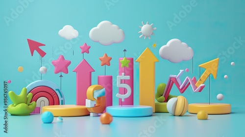 3D Marketing Growth icon set concept.  Profit graph of stock market indicator. Abstract stock data concept. Stock financial statistic graph analysis.