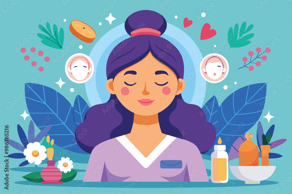 A woman enjoys a facial massage surrounded by plants and skincare products in a tranquil setting, Customizable flat illustration of facial massage. A woman enjoys a facial massage surrounded by plants and skincare products in a tranquil setting, Customizable flat illustration of facial massage.