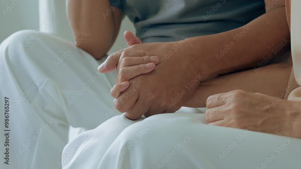 Close up view of caring elderly grandma wife holding hand supporting senior grandpa husband give empathy care love, old married grandparents couple together Close up view of caring elderly grandma wife holding hand supporting senior grandpa husband give empathy care love, old married grandparents couple together