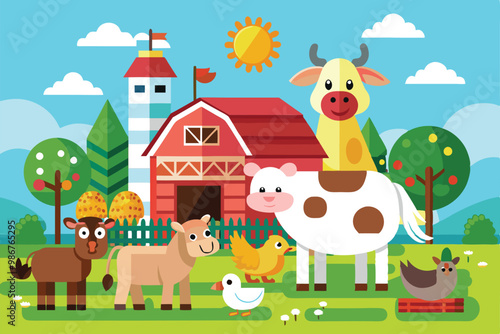 A colorful illustration features diverse farm animals enjoying a sunny day near a barn and vibrant surroundings, Customizable flat illustration of farm animals