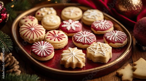 A festive plate of beautifully decorated Christmas cookies, perfect for holiday celebrations and gatherings.