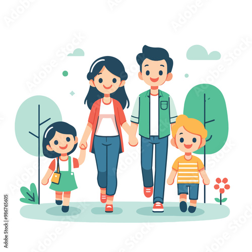 illustration of a happy family walking together on a white background