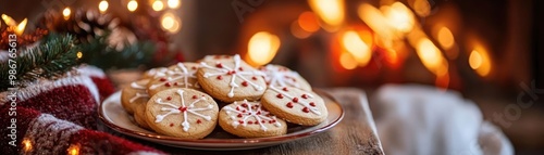 Deliciously decorated cookies on a festive table, perfect for holiday celebrations by the fireplace.