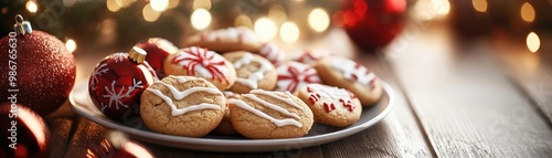 Delicious Christmas cookies adorned with festive icing, perfect for holiday gatherings and celebrations.