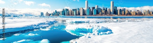 A stunning winter cityscape with icy waters in the foreground and a skyline of modern skyscrapers under a bright blue sky. photo