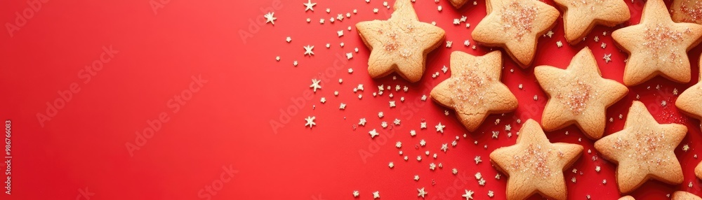Delicious star-shaped cookies scattered on a vibrant red background, perfect for festive celebrations and holiday treats. Delicious star-shaped cookies scattered on a vibrant red background, perfect for festive celebrations and holiday treats.