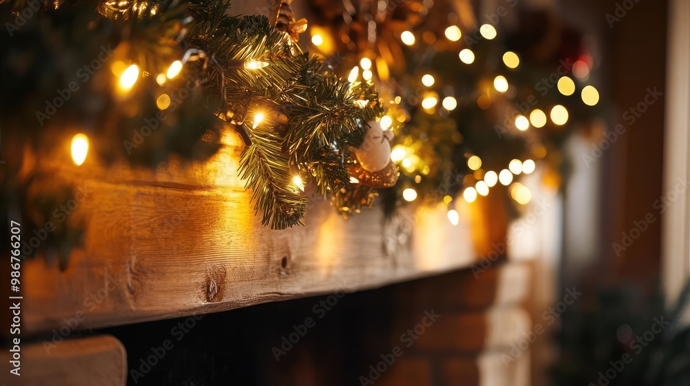 Obraz premium Cozy festive setting with glowing lights and evergreen garland adorning a wooden mantelpiece, perfect for holiday warmth.