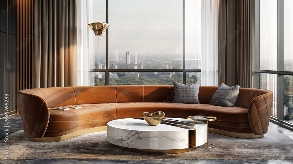 View of Luxury penthouse living room interior design with a curved leather sofa ...