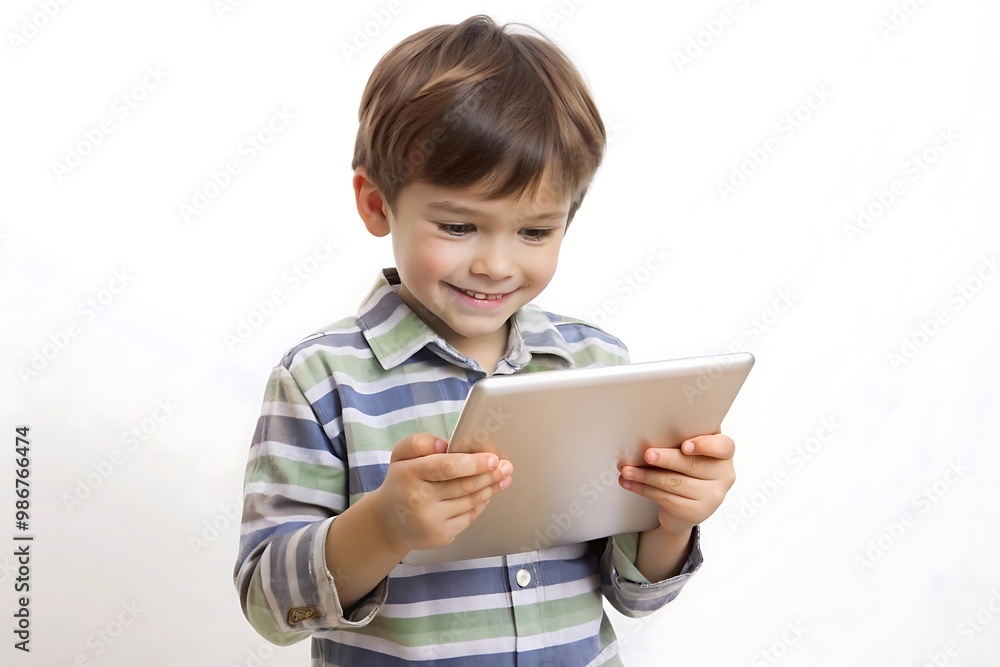Young boy happily engaging with a tablet device Young boy happily engaging with a tablet device