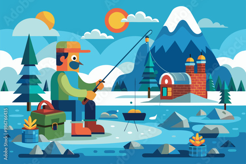 A person enjoys ice fishing on a frozen lake surrounded by mountains and colorful trees during winter, Customizable flat illustration of ice fishing.