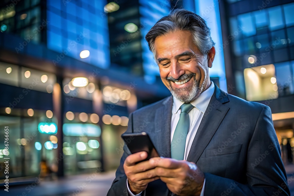 Businessman smiling while using smartphone in urban setting Businessman smiling while using smartphone in urban setting